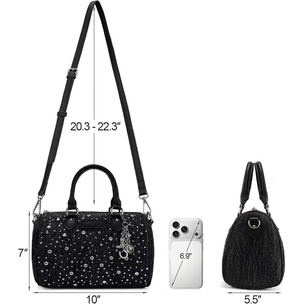 Montana West Wrangler Rhinestone Denim Barrel Bag Crossbody Satchel Purse Black - Picture 4 of 8